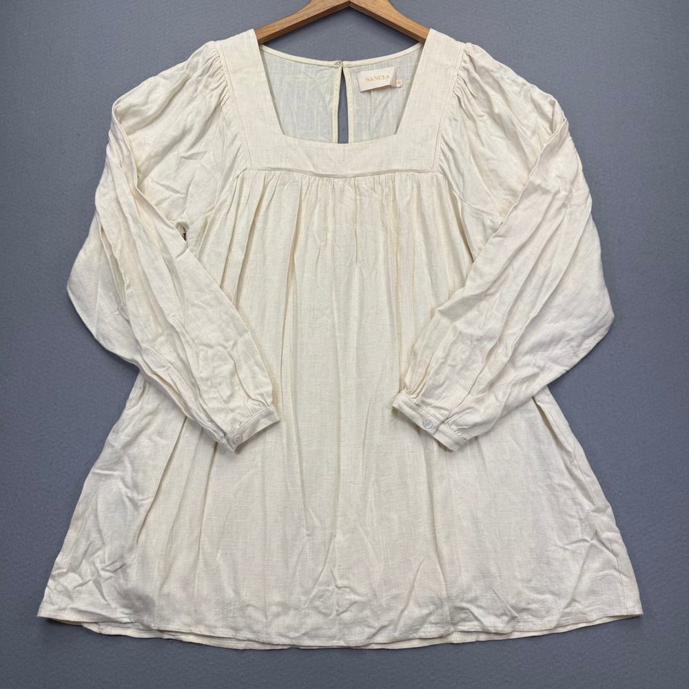 Sancia Ivory Linen Blend Square Neck Puff Sleeve Babydoll Tunic Top Medium